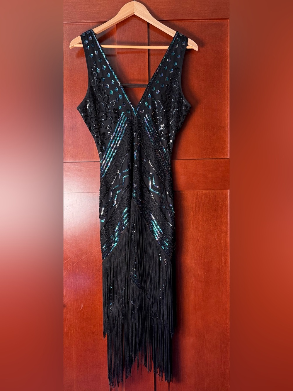 Babeyond 1920’s Iridescent Sequin Fringe Flapper Dress Black Colorful Size Small